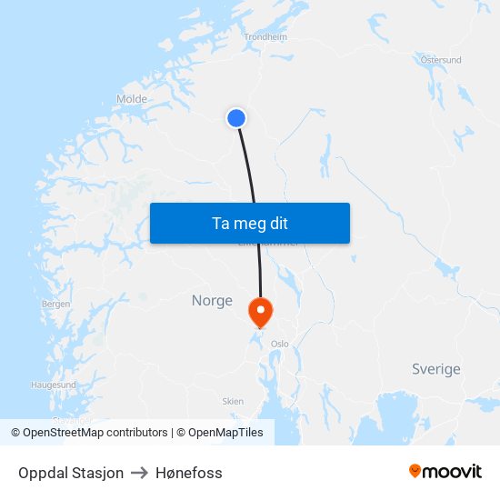 Oppdal Stasjon to Hønefoss map