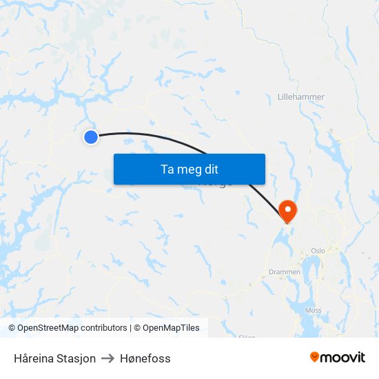 Håreina Stasjon to Hønefoss map