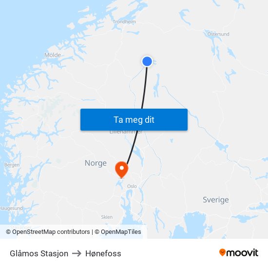 Glåmos Stasjon to Hønefoss map