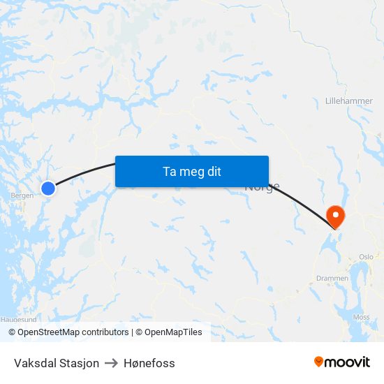 Vaksdal Stasjon to Hønefoss map