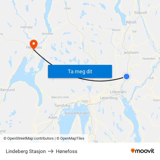 Lindeberg Stasjon to Hønefoss map