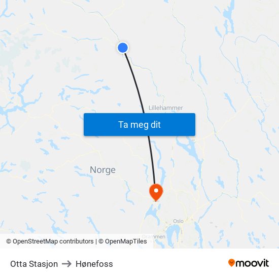 Otta Stasjon to Hønefoss map