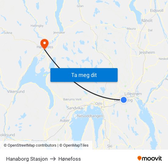 Hanaborg Stasjon to Hønefoss map