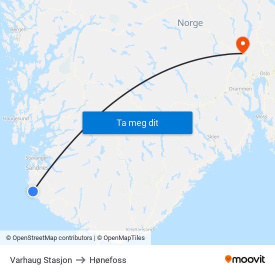 Varhaug Stasjon to Hønefoss map