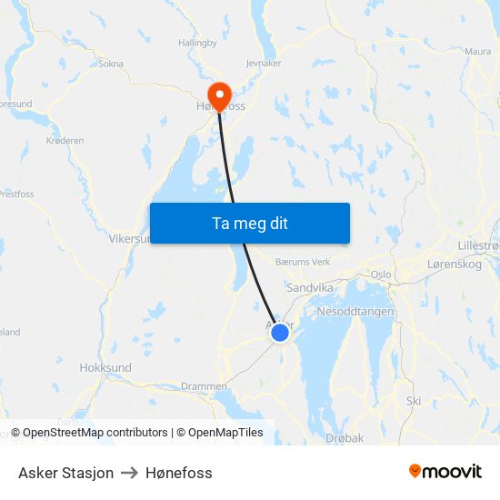 Asker Stasjon to Hønefoss map