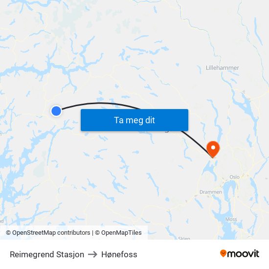 Reimegrend Stasjon to Hønefoss map