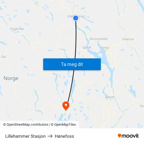 Lillehammer Stasjon to Hønefoss map