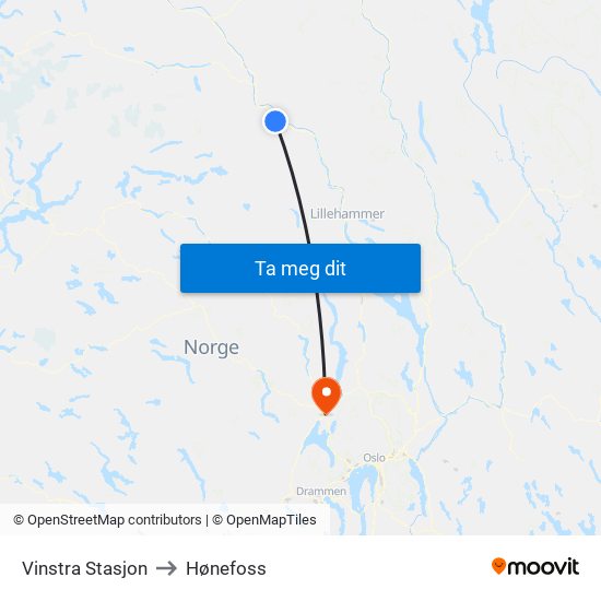 Vinstra Stasjon to Hønefoss map