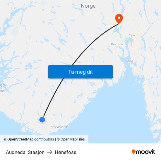 Audnedal Stasjon to Hønefoss map