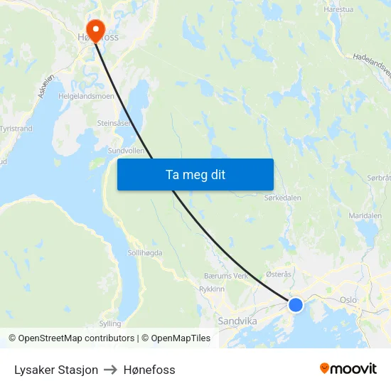 Lysaker Stasjon to Hønefoss map