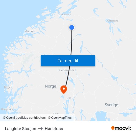 Langlete Stasjon to Hønefoss map