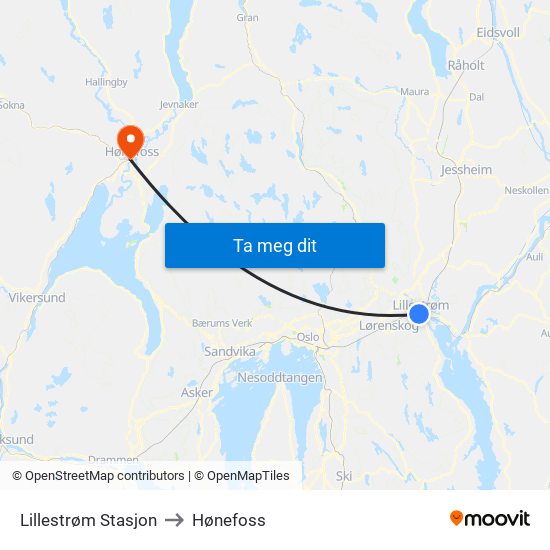 Lillestrøm Stasjon to Hønefoss map