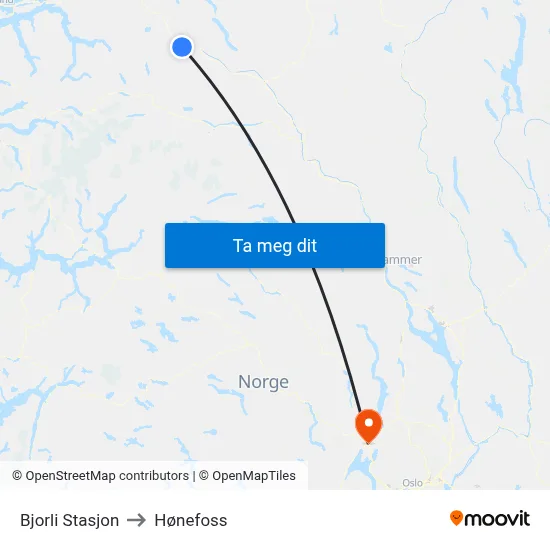 Bjorli Stasjon to Hønefoss map