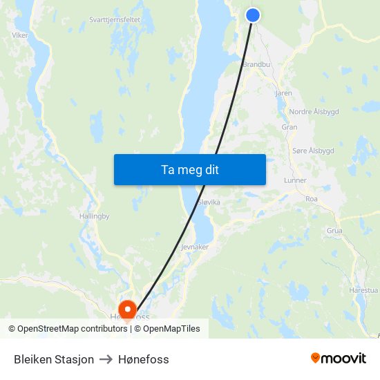 Bleiken Stasjon to Hønefoss map