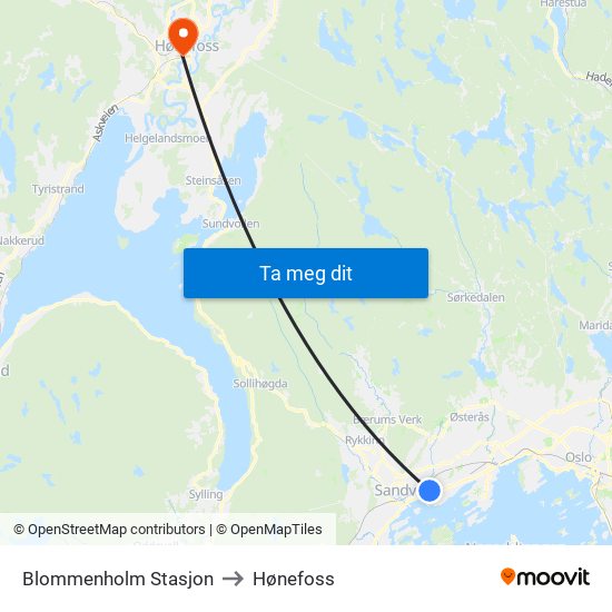 Blommenholm Stasjon to Hønefoss map