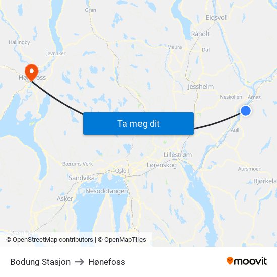 Bodung Stasjon to Hønefoss map
