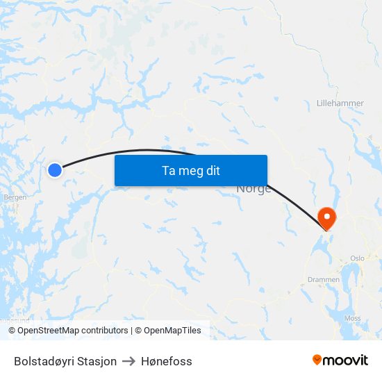 Bolstadøyri Stasjon to Hønefoss map
