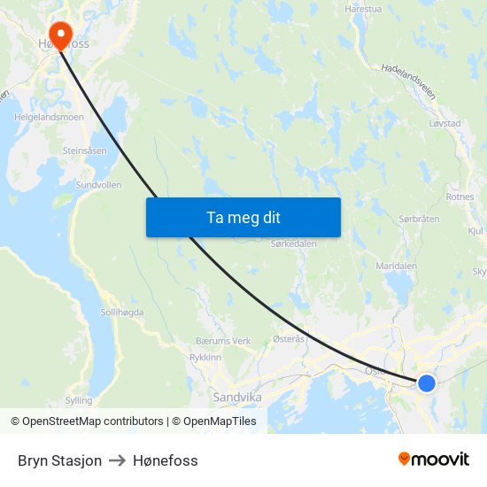 Bryn Stasjon to Hønefoss map