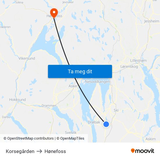 Korsegården to Hønefoss map