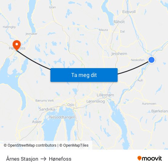 Årnes Stasjon to Hønefoss map