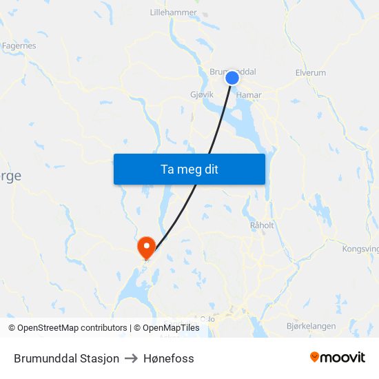 Brumunddal Stasjon to Hønefoss map