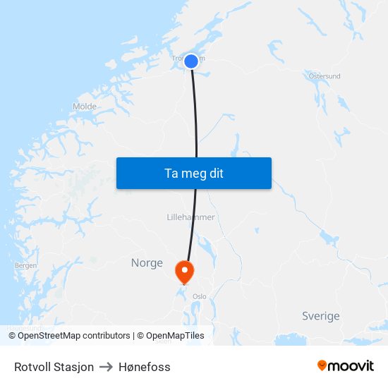 Rotvoll Stasjon to Hønefoss map