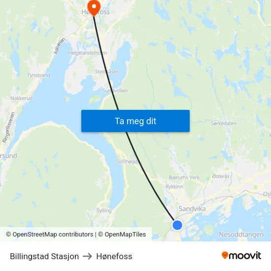Billingstad Stasjon to Hønefoss map