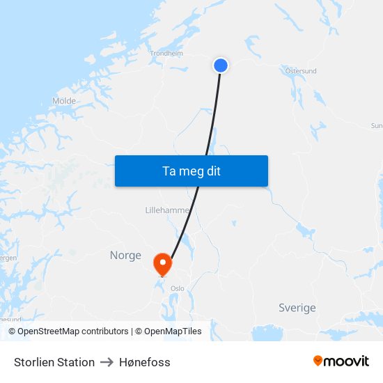 Storlien Station to Hønefoss map