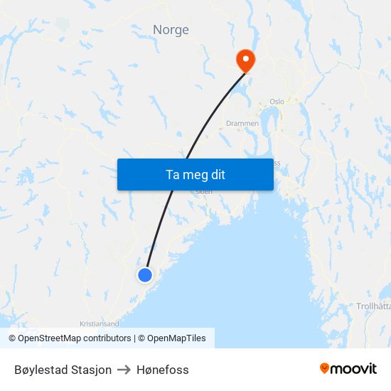 Bøylestad Stasjon to Hønefoss map