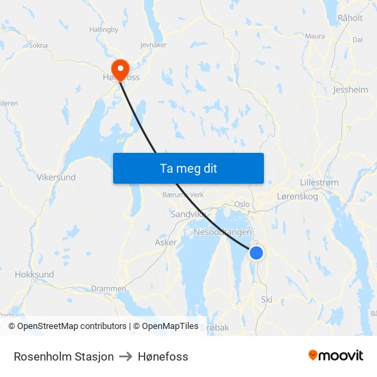 Rosenholm Stasjon to Hønefoss map