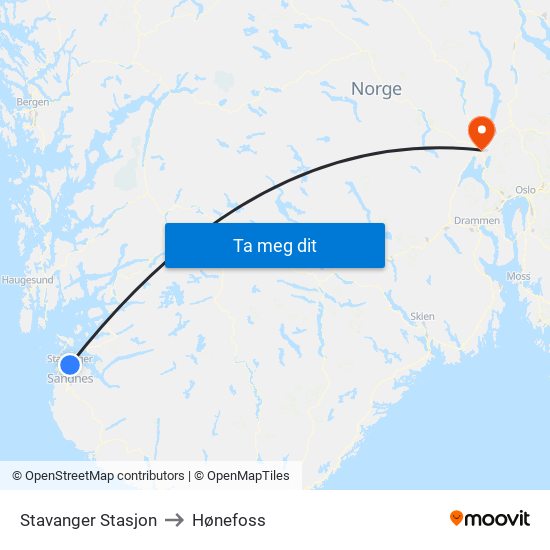 Stavanger Stasjon to Hønefoss map