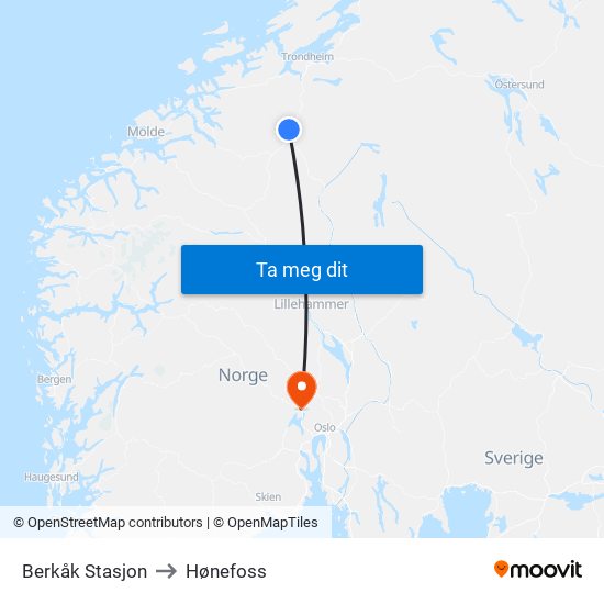 Berkåk Stasjon to Hønefoss map