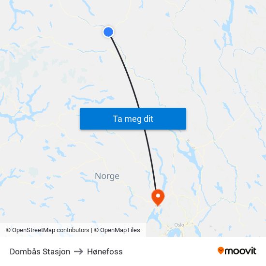 Dombås Stasjon to Hønefoss map