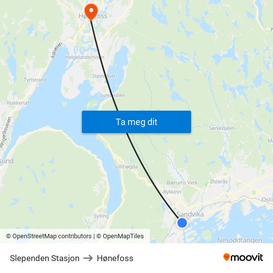 Slependen Stasjon to Hønefoss map