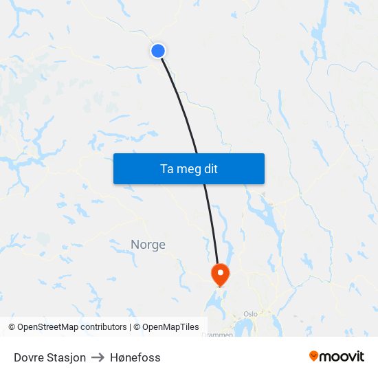 Dovre Stasjon to Hønefoss map
