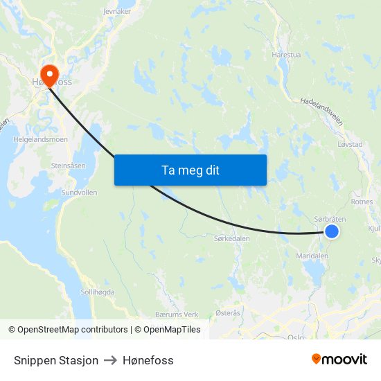 Snippen Stasjon to Hønefoss map