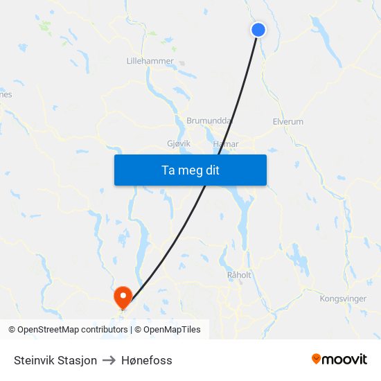 Steinvik Stasjon to Hønefoss map