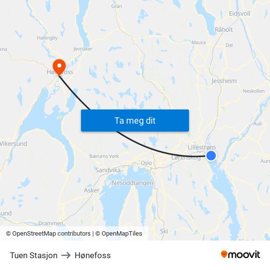 Tuen Stasjon to Hønefoss map