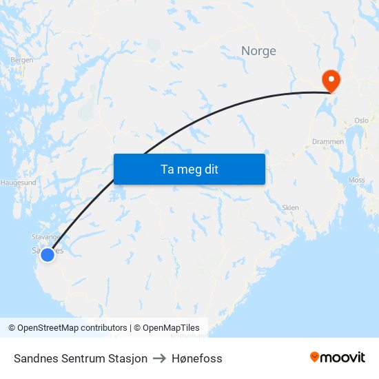 Sandnes Sentrum Stasjon to Hønefoss map