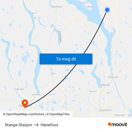 Stange Stasjon to Hønefoss map