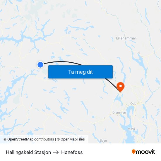 Hallingskeid Stasjon to Hønefoss map