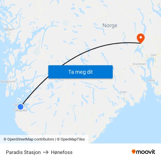 Paradis Stasjon to Hønefoss map