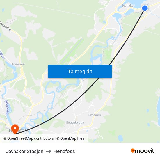 Jevnaker Stasjon to Hønefoss map