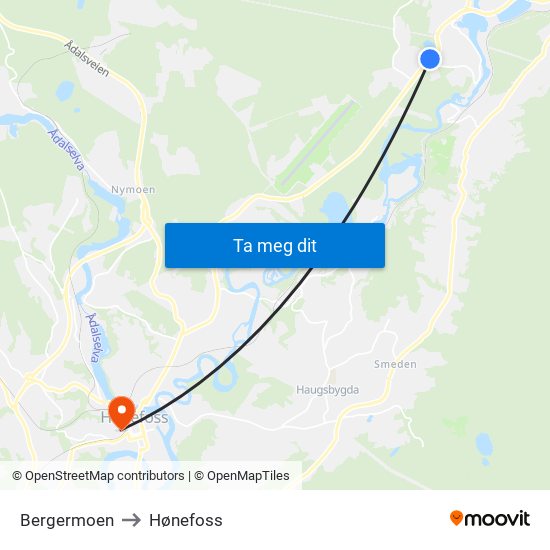 Bergermoen to Hønefoss map