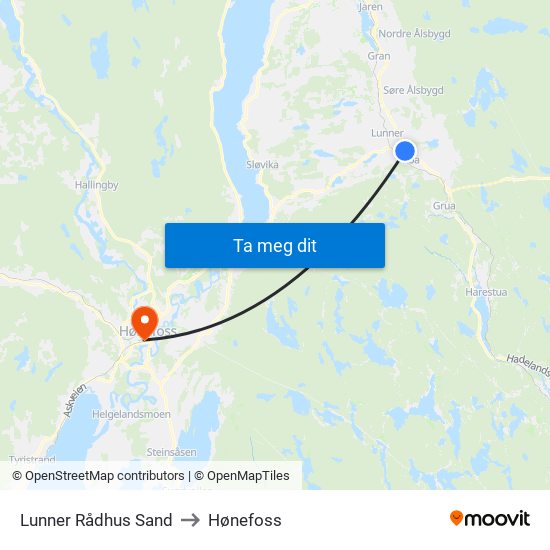 Lunner Rådhus Sand to Hønefoss map