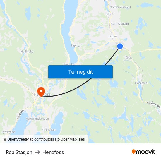 Roa Stasjon to Hønefoss map