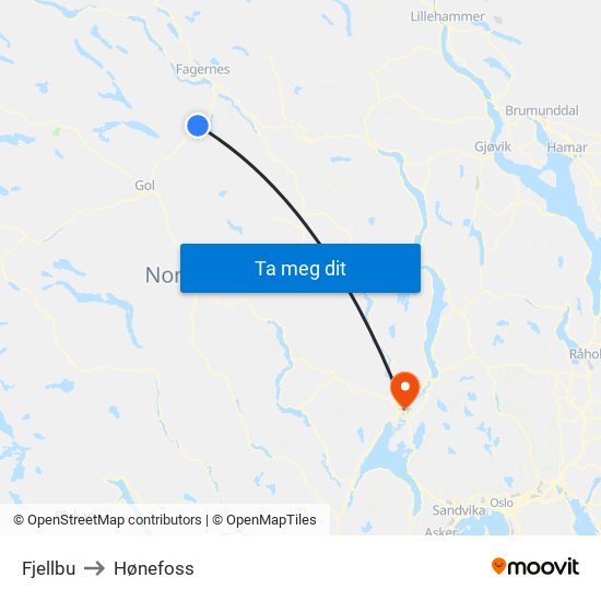 Fjellbu to Hønefoss map