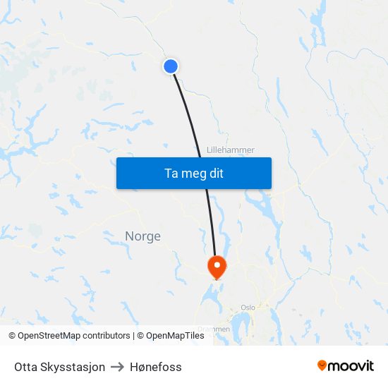 Otta Skysstasjon to Hønefoss map