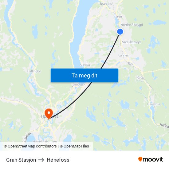 Gran Stasjon to Hønefoss map