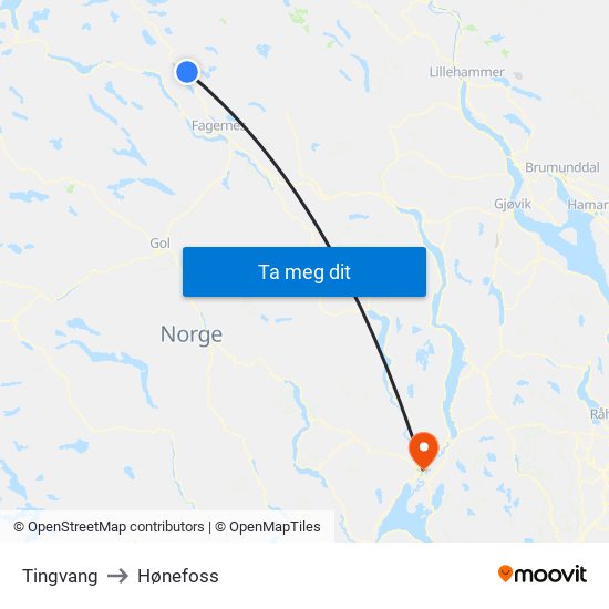 Tingvang to Hønefoss map